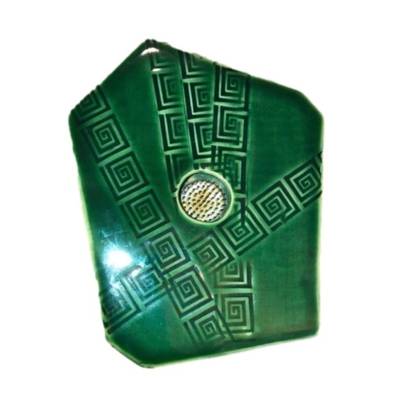 VTG Greek Key Ceramic Glazed Green Abstract Plate Flower Frog 8” x 6.5” - Picture 1 of 8